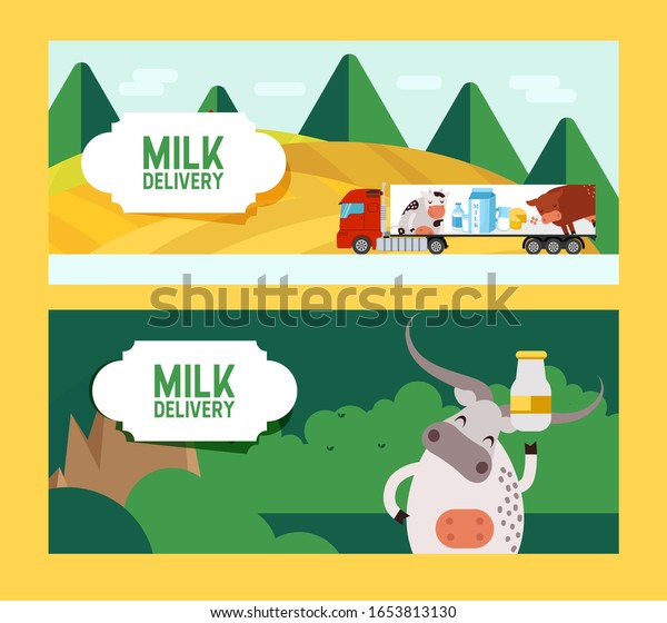 Milk and dairy products delivery, farm food\
banner in flat style, truck and cow, vector illustration. Farmer\
milk delivery truck, funny cow cartoon character advertising fresh\
milk. Farmland landscape