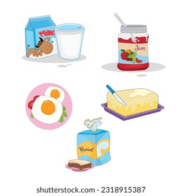 Milk dairy products in flat style breakfast gourmet organic meal fresh diet food milky drink ingredient nutrition vector illustration