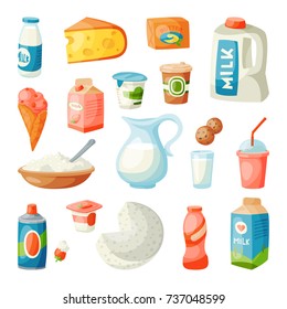 Milk dairy products in flat style breakfast gourmet organic meal fresh diet food milky drink ingredient nutrition vector illustration.