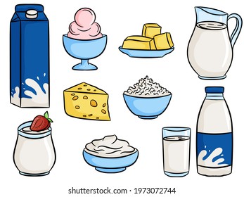 Milk and dairy products food. Milk in a bottle, jug, glass. Cartoon style. Ice cream, butter, cheese, cottage cheese, yogurt, sour cream. Vector illustration.