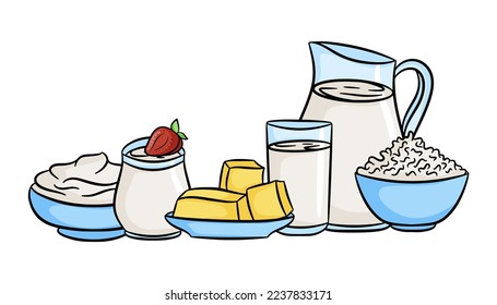 Milk and dairy products food. Milk in a bottle, jug, glass. Cartoon style. Ice cream, butter, cheese, cottage cheese, yogurt, sour cream. Vector illustration.