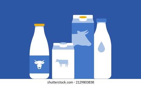 Milk dairy products. Grocery assortment for breakfast and cooking. Milk bottle, kefir, yogurt, buttermilk, skimmed cow milk in paper pack. Vector illustration for poster, design, banner.