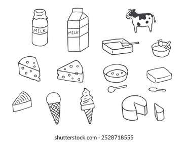 Leche y productos lácteos dibujados a mano conjunto de ilustración