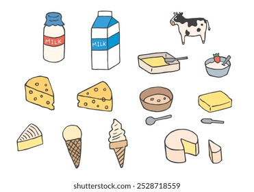 Milk and dairy products hand drawn illustration set