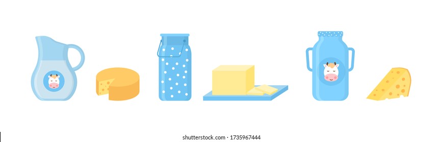 Milk and dairy products icons in a flat style for graphic, web design and logo. Vector collection of dairy products, including milk, butter, cheese, yogurt, cottage cheese, ice cream, cream. EPS 10.