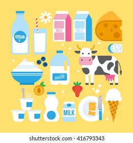 Milk and dairy products icons fro web and graphic design. Milk, cheese, yogurt, butter, cow and fruits icons.