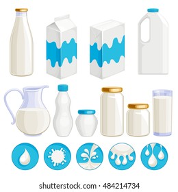 Milk dairy products icons set. Yogurt, cream, kefir in assorted containers - jug, jar, box, plastic and glass. Milk drop symbols. Vector illustration.