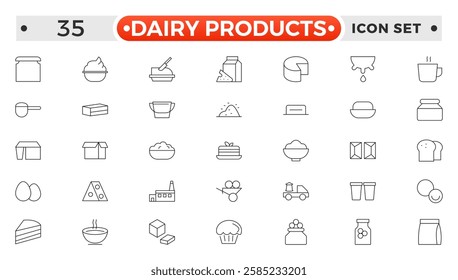 Milk and dairy products outline icon. Natural cow's milk and fermented milk product, cheese, cream, sour cream and cottage cheese. Web line icon. 
