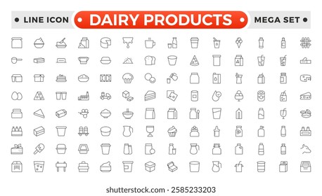 Milk and dairy products outline icon. Natural cow's milk and fermented milk product, cheese, cream, sour cream and cottage cheese. Web line icon. 
