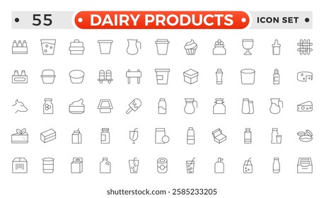 Milk and dairy products outline icon. Natural cow's milk and fermented milk product, cheese, cream, sour cream and cottage cheese. Web line icon. 
