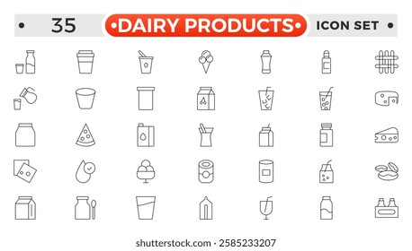 Milk and dairy products outline icon. Natural cow's milk and fermented milk product, cheese, cream, sour cream and cottage cheese. Web line icon. 
