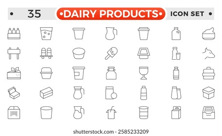 Milk and dairy products outline icon. Natural cow's milk and fermented milk product, cheese, cream, sour cream and cottage cheese. Web line icon. 
