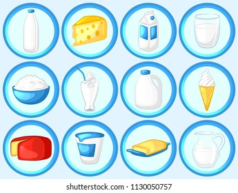 Milk and dairy products. Set of cartoon icons. 