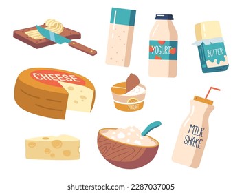 La Leche Y Los Productos Lácteos Incluyen Queso, Yogur, Mantequilla, Crema Y Leche En Diversas Formas Vector De Dibujo Ilustración