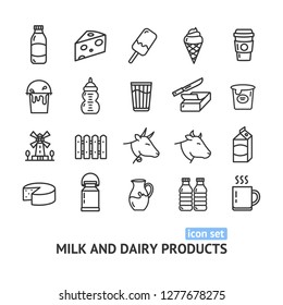 Milk Dairy Products Signs Black Thin Line Icon Set Include Of Cheese And Bottle. Vector Illustration Of Icons