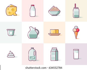 Milk and dairy products thin line icons for web, graphic and logo design. Isolated vector illustration