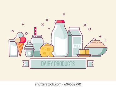 Milk and dairy products thin line icons for web, graphic and logo design. Isolated vector illustration