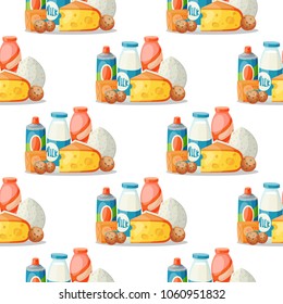 Milk dairy products vector flat style breakfast gourmet organic meal fresh diet food milky drink ingredient nutrition seamless pattern background illustration.