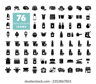 Milk, dairy products vector glyph icon set. Graph symbol for cooking web site and apps design, logo, app, UI