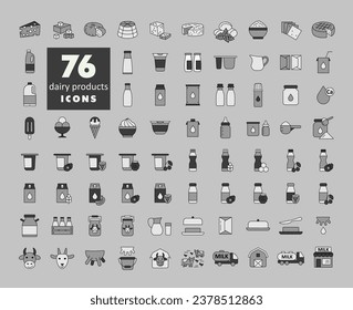 Milk, dairy products vector grayscale icon set. Graph symbol for cooking web site and apps design, logo, app, UI