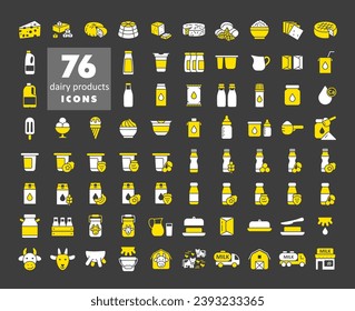 Milk, dairy products vector on dark background icon set. Graph symbol for cooking web site and apps design, logo, app, UI