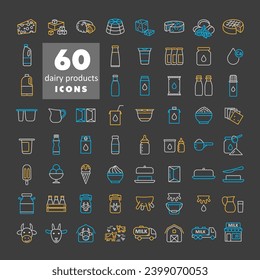 Milk, dairy products vector on dark background icon set. Graph symbol for cooking web site and apps design, logo, app, UI