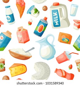Milk dairy vector food products in flat style milky breakfast gourmet organic meal fresh diet food milky drink ingredient nutrition illustration. Calcium milk jar grocery seamless pattern background