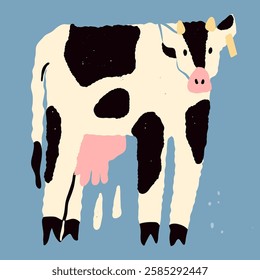 Milk dairy white Cow with black spots. Cute Farm animal standing and looking. Cartoon style character. Hand drawn modern Vector illustration. Isolated design element. Local farm products concept