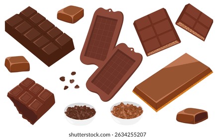 Milk and dark chocolate bar collection without filling. Classic solid pieces. Vector hand drawn art for packaging, ads, food blogs, catalogs, label design, recipe illustrations, product presentation