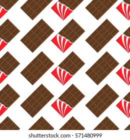 Milk dark chocolate bar icon. Opened red foil. Modern simple style. Seamless Pattern Wrapping paper, textile template. White background. Flat design. Vector illustration.