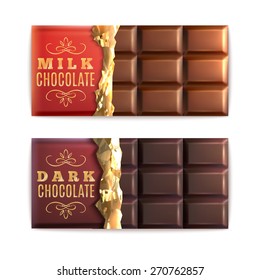 Milk and dark chocolate bars half covered with foil isolated vector illustration