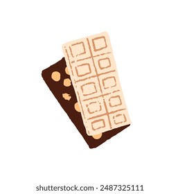 Milk and dark chocolate bars. Sticks of cocoa candies with pieces of biscuit, nuts. Tasty dessert, sweet food, treat. Confectionery. Flat isolated hand drawn vector illustration on white background