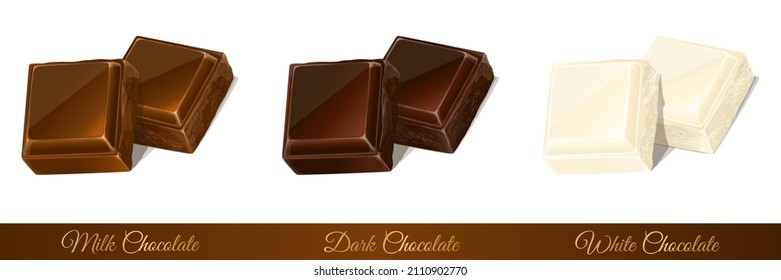 Milk, Dark and White chocolates isolated on white background. Vector Illustration.
