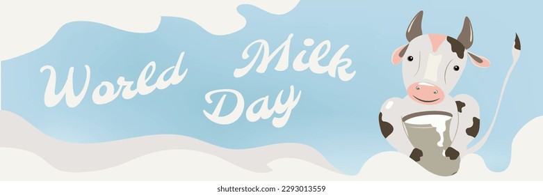 Milk day. Banner or poster for holiday with a cute cow and a jug of milk.Vector illustration