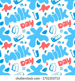 Milk day. The pattern is seamless. Lettering is handwritten. Vector image on a white background.