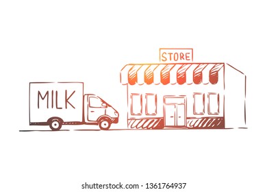 Milk, delivery, fresh, bottle, shop concept. Hand drawn fresh milk delivery concept sketch. Isolated vector illustration.