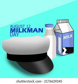 A milk delivery hat with a bottle and a box of cow's milk with bold text on blue background, Milkman Day August 12