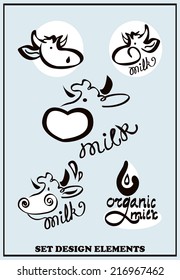 Milk design.Set design elements contains images of cow, drop and text. 