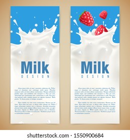 Milk design illustration with milk splash and raspberry