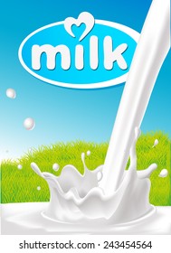 Milk Design With Pouring Splash Of Milk, Green Grass And Blue Background