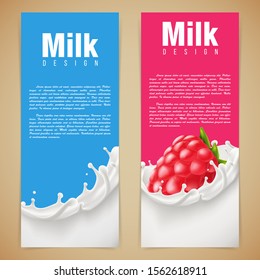 Milk design vector illustration with milk splash and raspberry