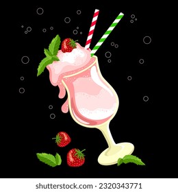 Milk dessert, cocktail with strawberries and mint leaves in a glass with straws isolated on a black background