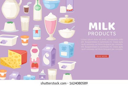 Milk and diary healthy products banner with different sorts of cheese, sour cream, yogurt and butter pattern cartoon vector illustration. Milk products for diary shop web banner.