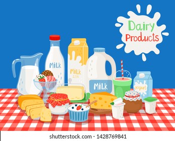 Milk and diary products on table, vector poster