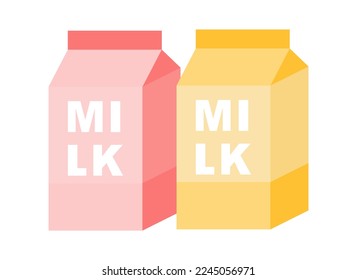 Milk with different flavors in cardboard colored boxes. Dairy products. Vector illustration isolated design