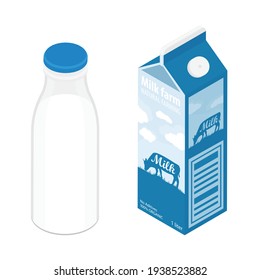 Milk in different packages: milk bottle with blue cap and milk carton box isolated on white background. Isometric view. Vector