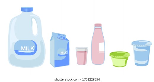 Milk in different packages, kefir and yogurt. Vector illustration set isolated on white background