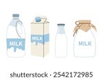 Milk. Different packs of dairy product. Set with milk bottle, plastic canister and cardboard box. Flat illustration on white background.