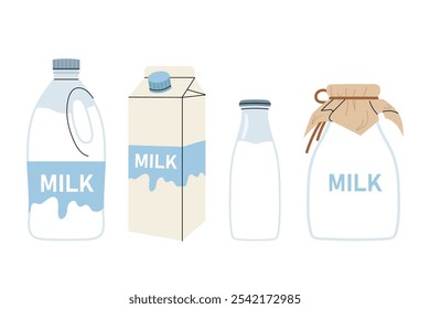 Leite. Embalagens diferentes de produtos láteos. Conjunto com garrafa de leite, caixa de plástico e caixa de papelão. Ilustração plana sobre fundo branco.