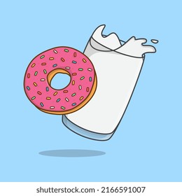 Ilustración Del Vector De Caricaturas Leche Y Donut. Contorno De Icono De Leche Plano
